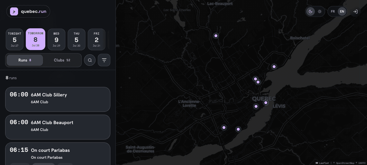 quebec.run showing a selected day of group runs alongside their locations on a Quebec City map