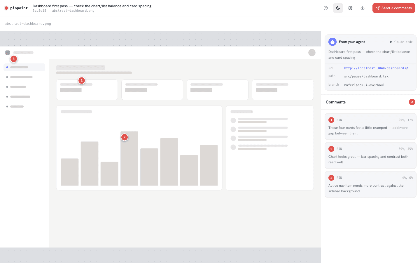 Pinpoint review workspace showing a UI under review and three precise annotations